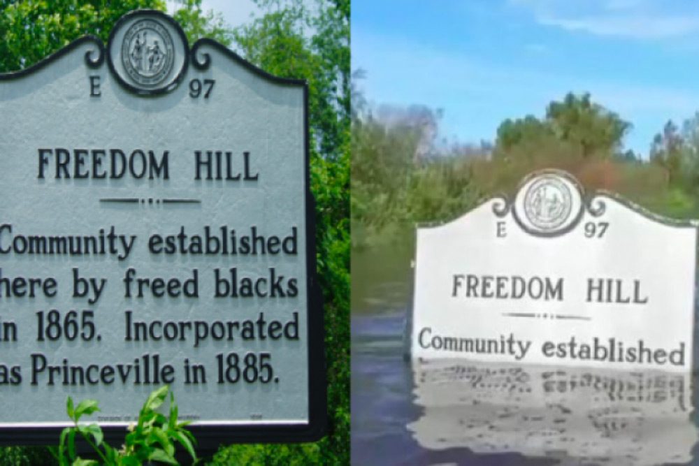 Community sign in North Carolina that reads, "Freedom Hill. Community established here by freed blacks in 1865. Incorporated as Princeville in 1885."