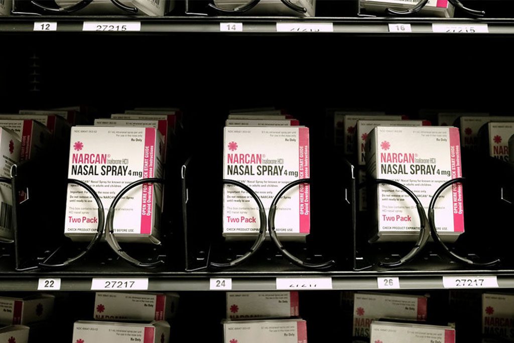 Boxes of Narcan in a vending machine.